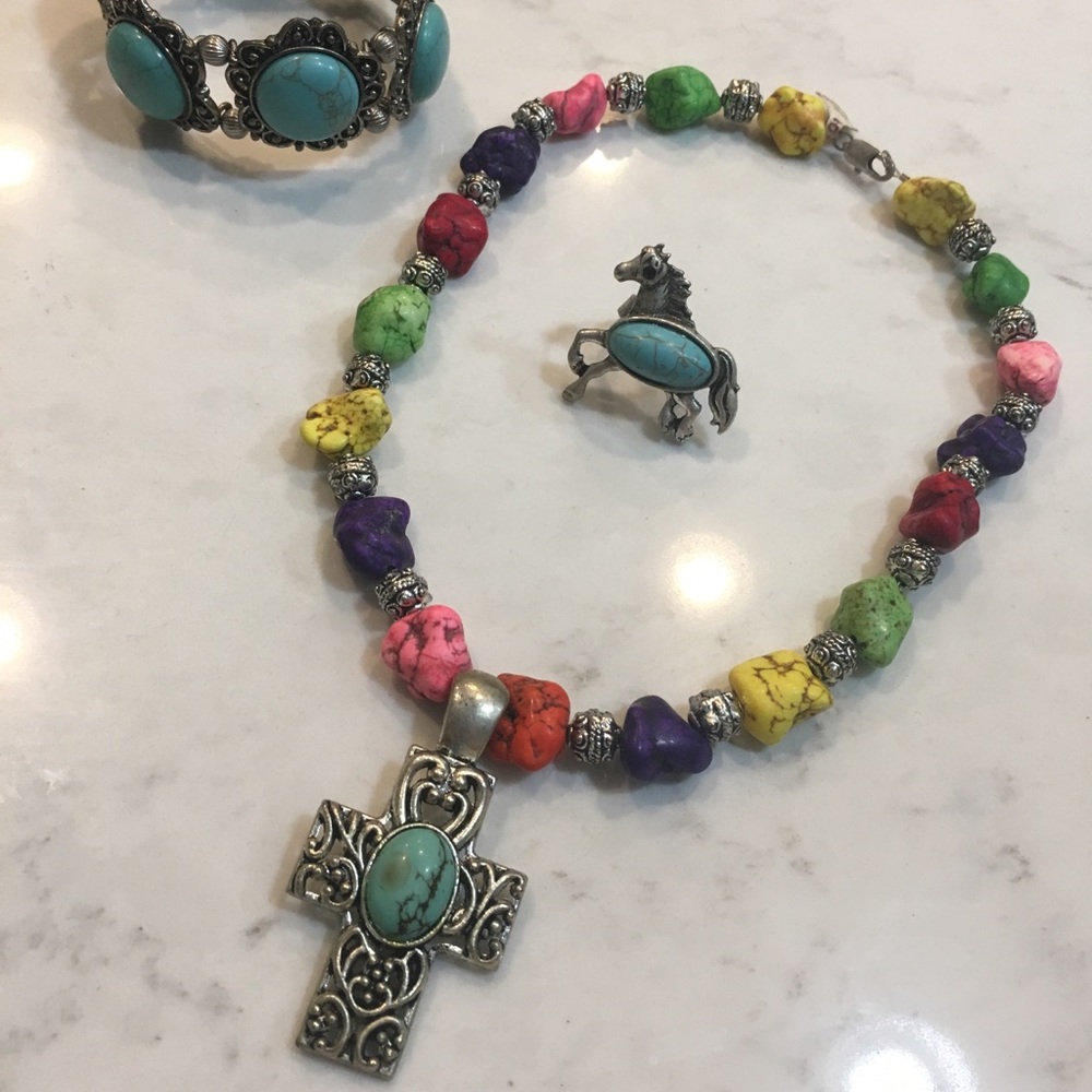 Turquoise and multicolored cross, ring, &bracelet - Picture 2 of 6
